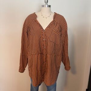 Free People Brown Striped Tunic Buttondown Top